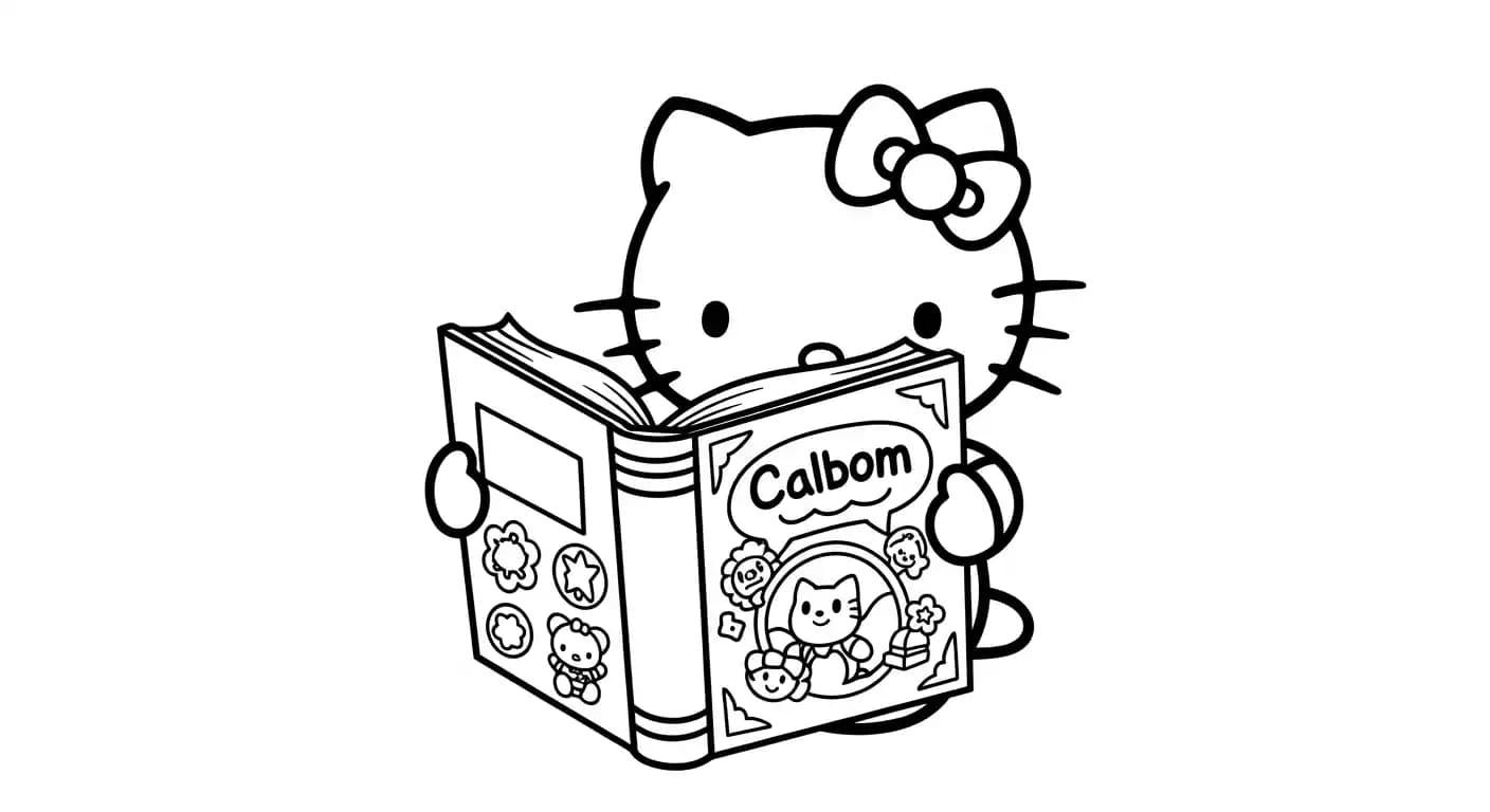 hello kitty Kleurplaat van hello kitty in een vrolijk en creatief thema om zelf in te kleuren.