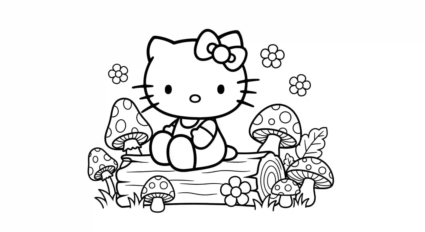 hello kitty Kleurplaat van hello kitty in een vrolijk en creatief thema om zelf in te kleuren.