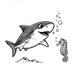 Haai Kleurplaat Kleurplaat van een zwemmende Haai in zwart-wit, klaar om in te kleuren.