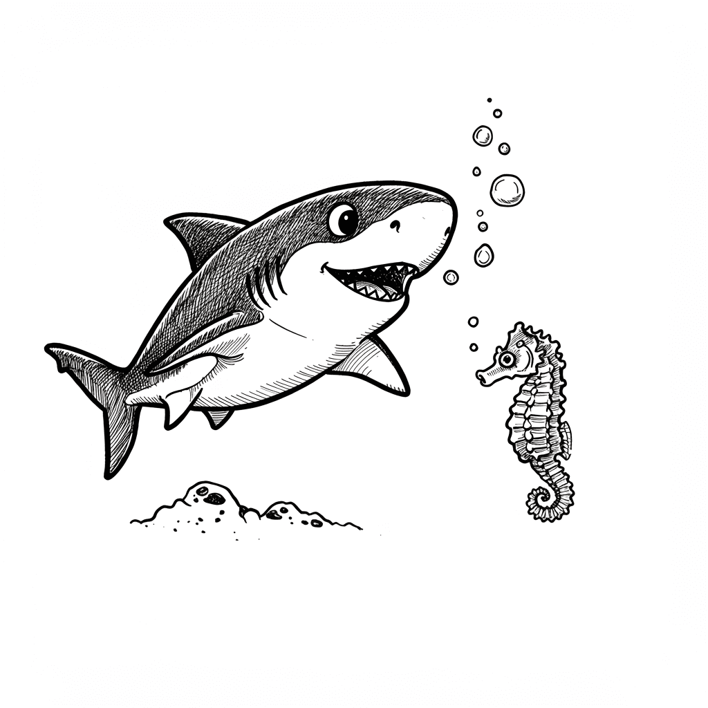 Haai Kleurplaat van een zwemmende Haai in zwart-wit, klaar om in te kleuren.