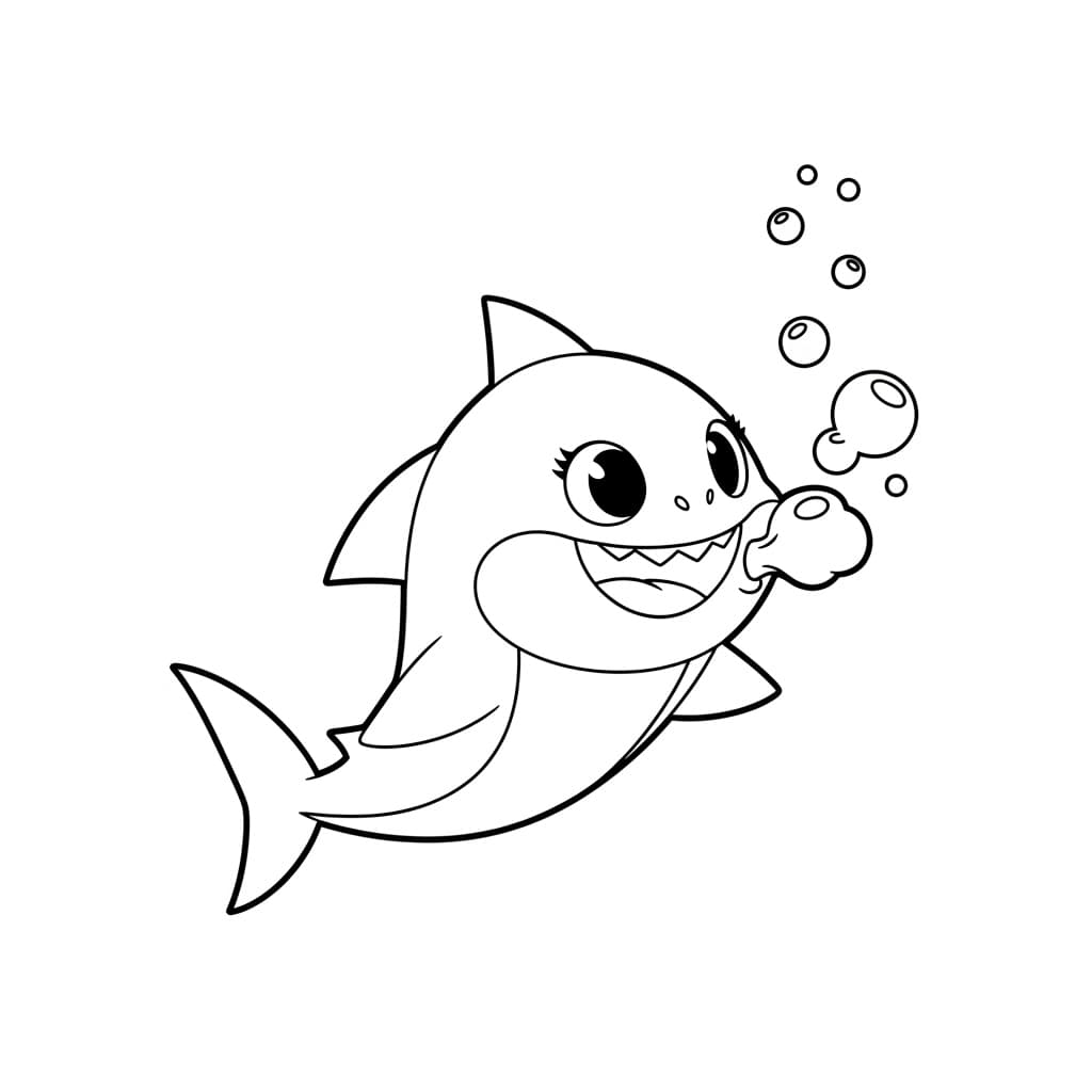 Baby Shark Leuke zwart-wit tekening van Baby Shark om zelf in te kleuren en creatief mee aan de slag te gaan.