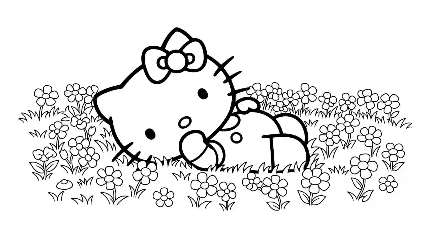 hello kitty Kleurplaat van hello kitty in een vrolijk en creatief thema om zelf in te kleuren.