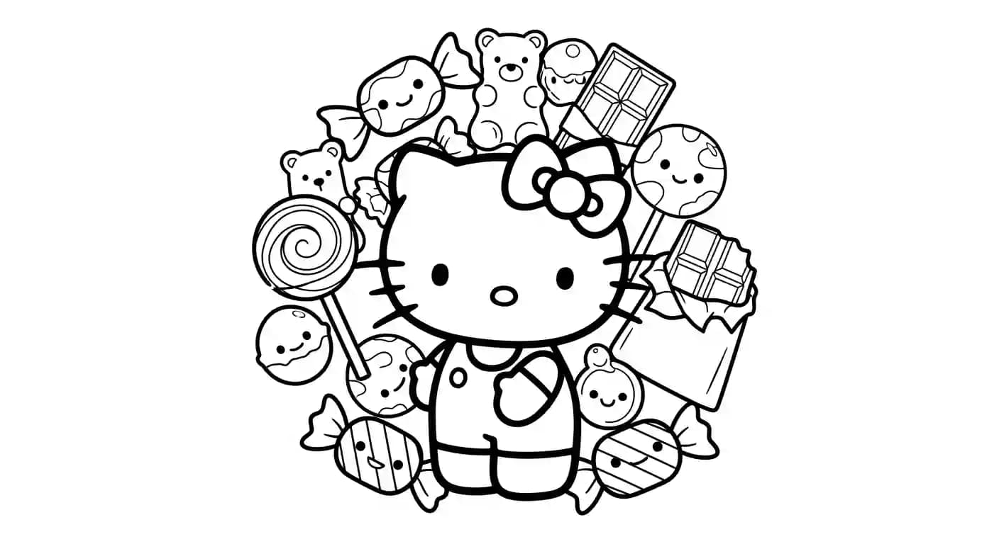 hello kitty Kleurplaat van hello kitty in een vrolijk en creatief thema om zelf in te kleuren.