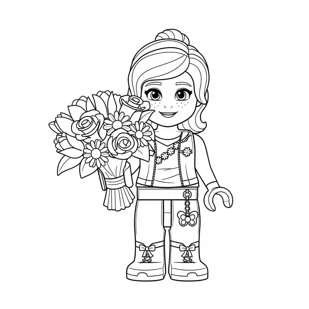 Lego Friends Vrolijke Lego Friends tekening met vrienden die samen plezier maken en ingekleurd kunnen worden.