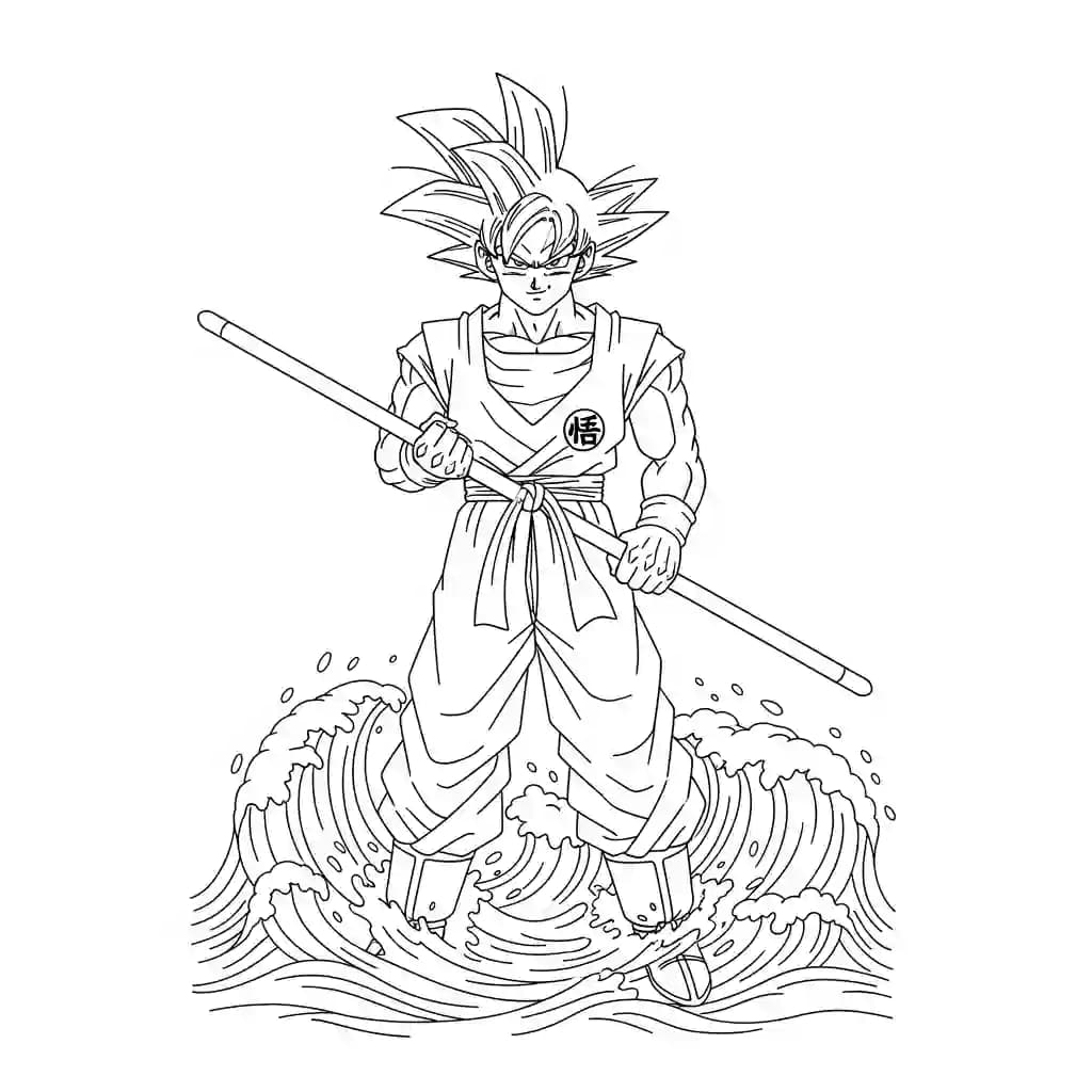Goku kleurplaat schets kleurplaat van Goku in vechthouding met duidelijke lijnen om in te kleuren