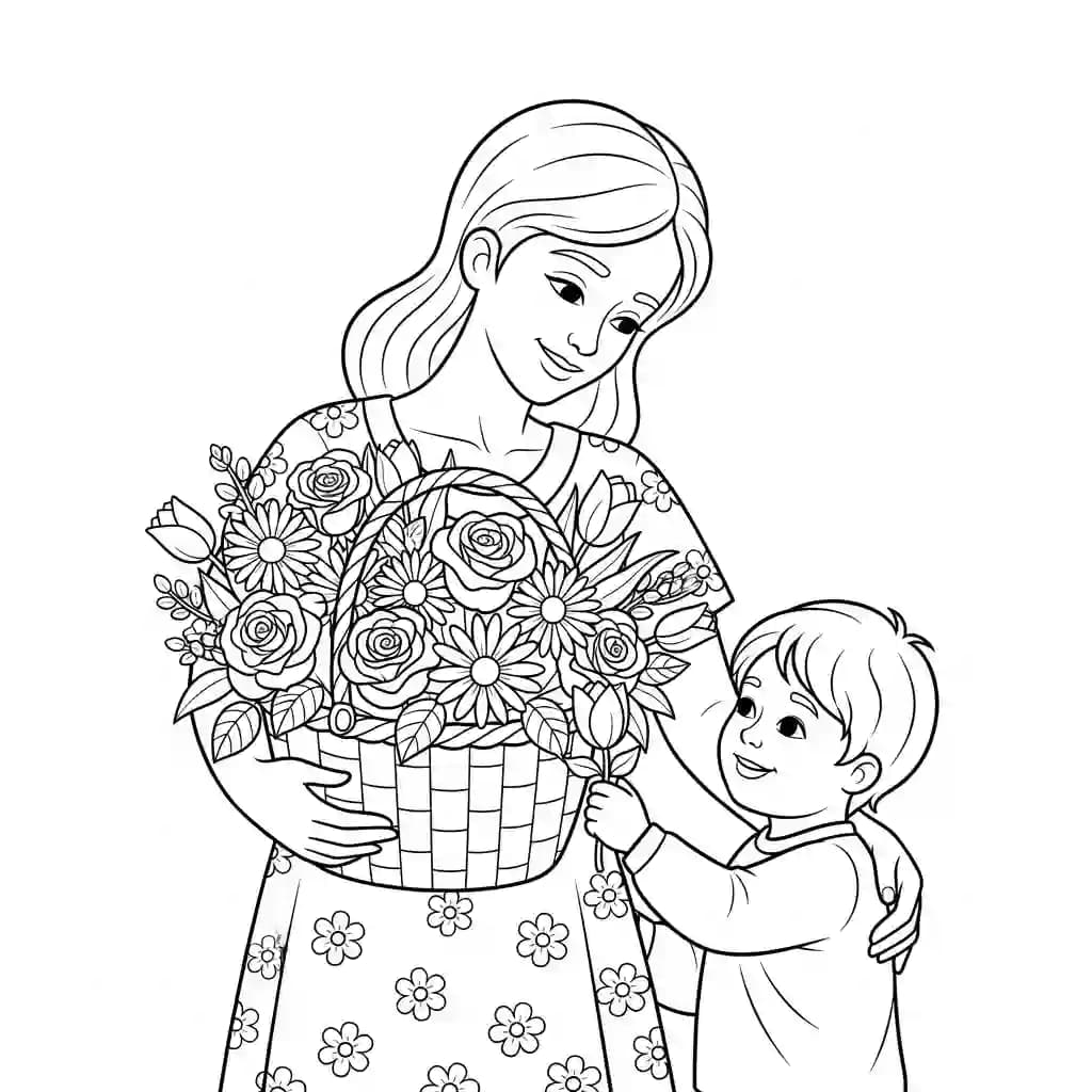 Moederdag Kleurplaat van Moederdag met een feestelijk en liefdevol thema om in te kleuren.