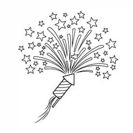 Vuurwerk Een vrolijke kleurplaat van vuurwerkexplosies met verschillende vormen en patronen.