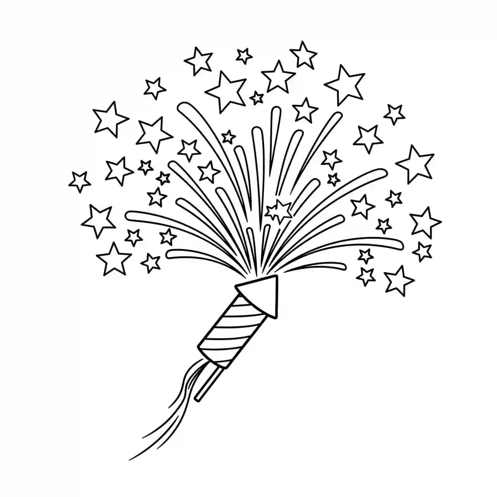 Vuurwerk Een vrolijke kleurplaat van vuurwerkexplosies met verschillende vormen en patronen.