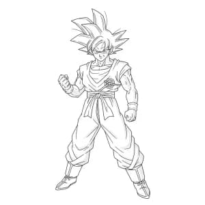 Goku kleurplaat schets kleurplaat van Goku in vechthouding met duidelijke lijnen om in te kleuren