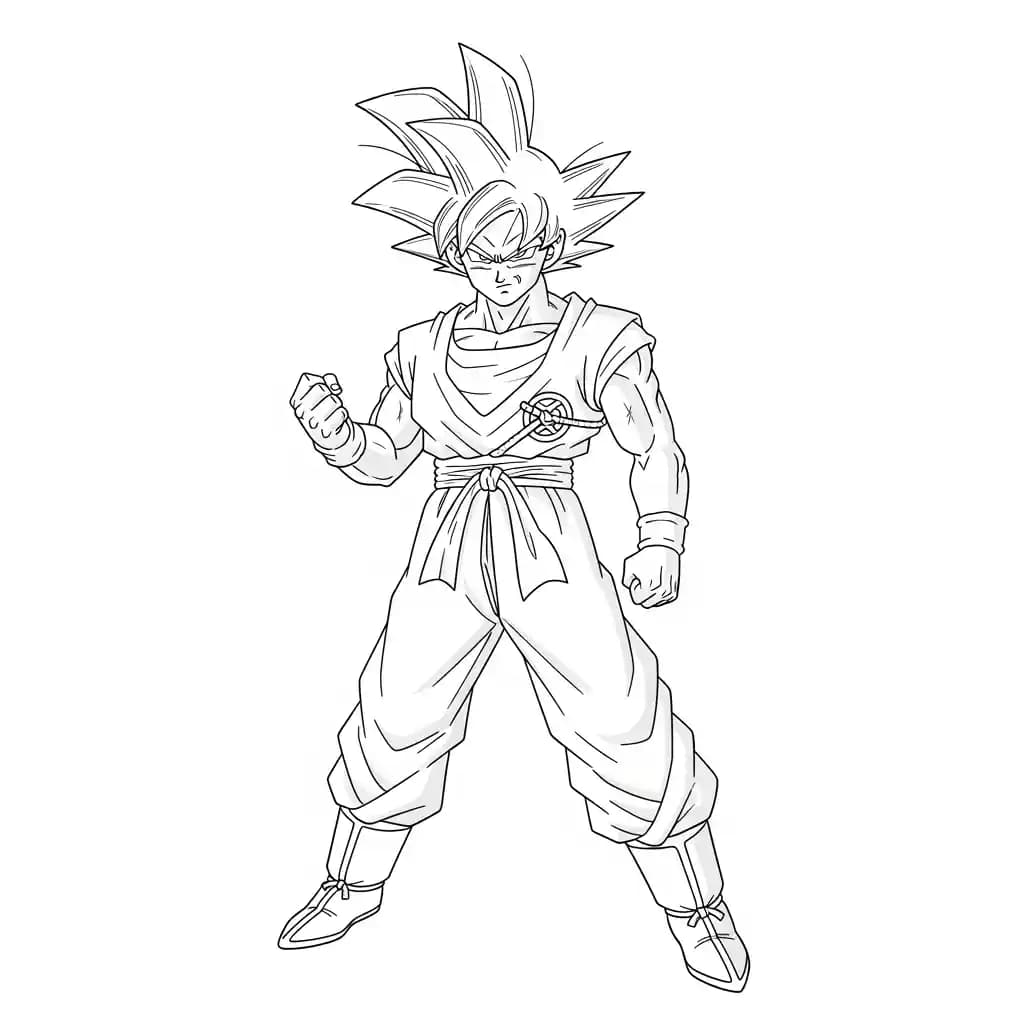 Goku kleurplaat schets kleurplaat van Goku in vechthouding met duidelijke lijnen om in te kleuren