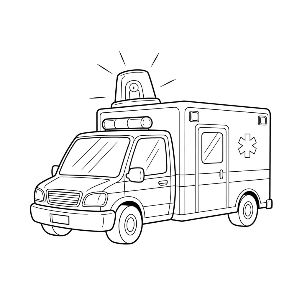 Ambulance Zwart-witte tekening van een ambulance om gratis te downloaden en in te kleuren.