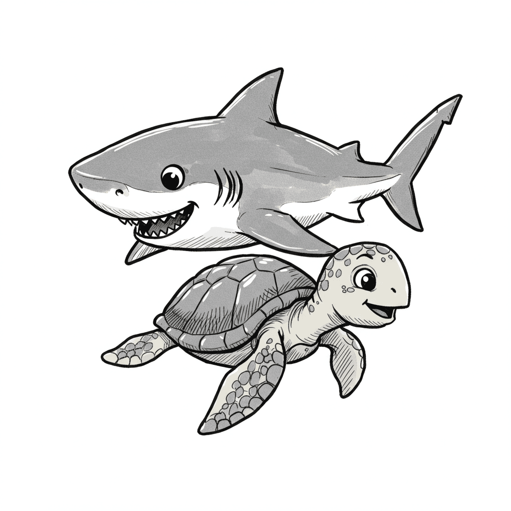 Haai Kleurplaat van een zwemmende Haai in zwart-wit, klaar om in te kleuren.