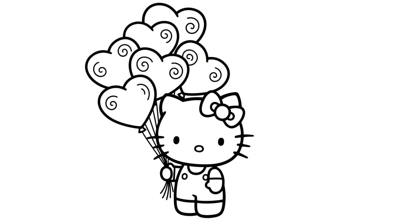 hello kitty Kleurplaat van hello kitty in een vrolijk en creatief thema om zelf in te kleuren.