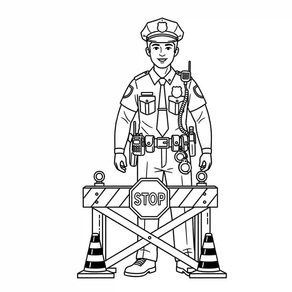 Politie Kleurplaat van de politie met een stoer en herkenbaar thema om zelf in te kleuren.