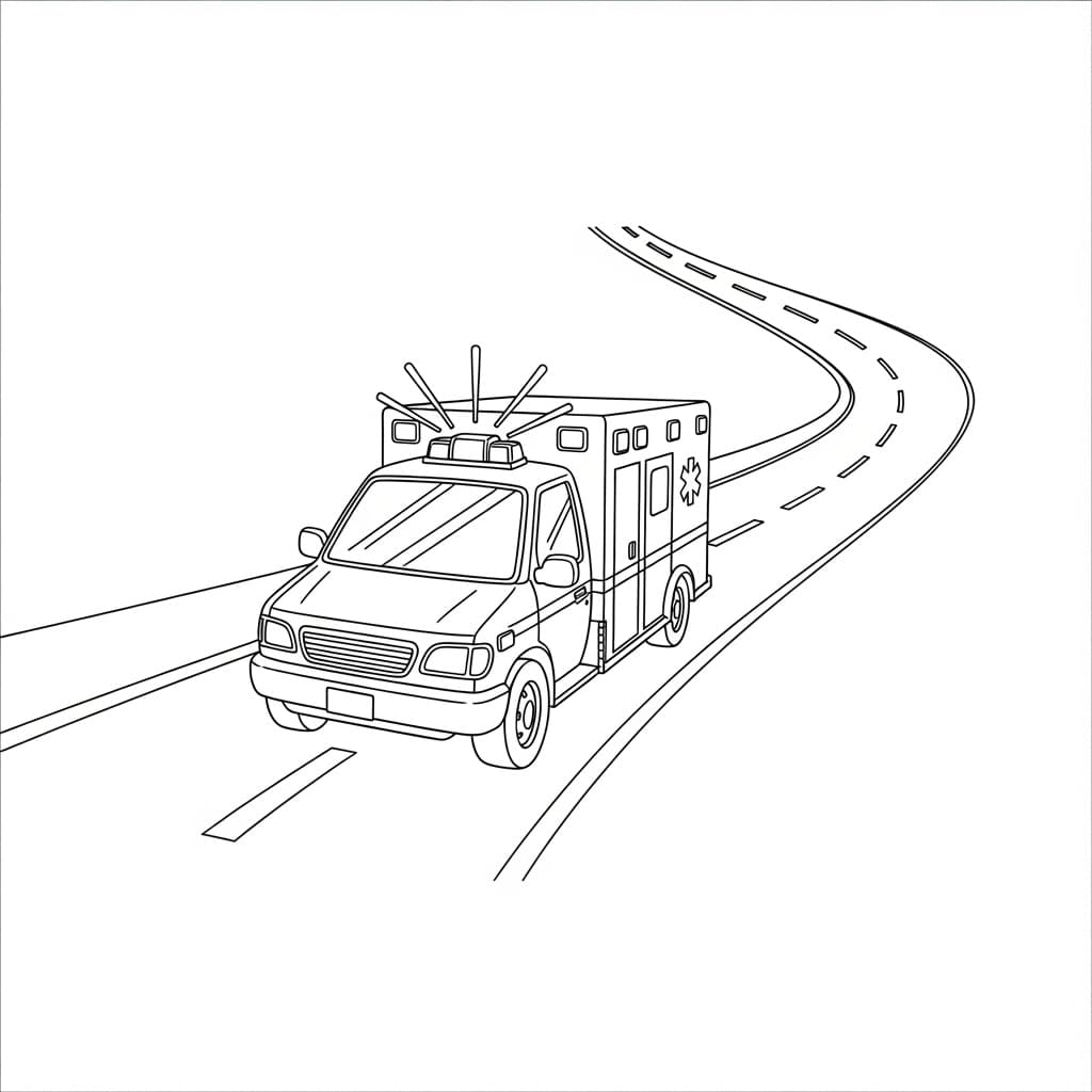 Ambulance Zwart-witte tekening van een ambulance om gratis te downloaden en in te kleuren.