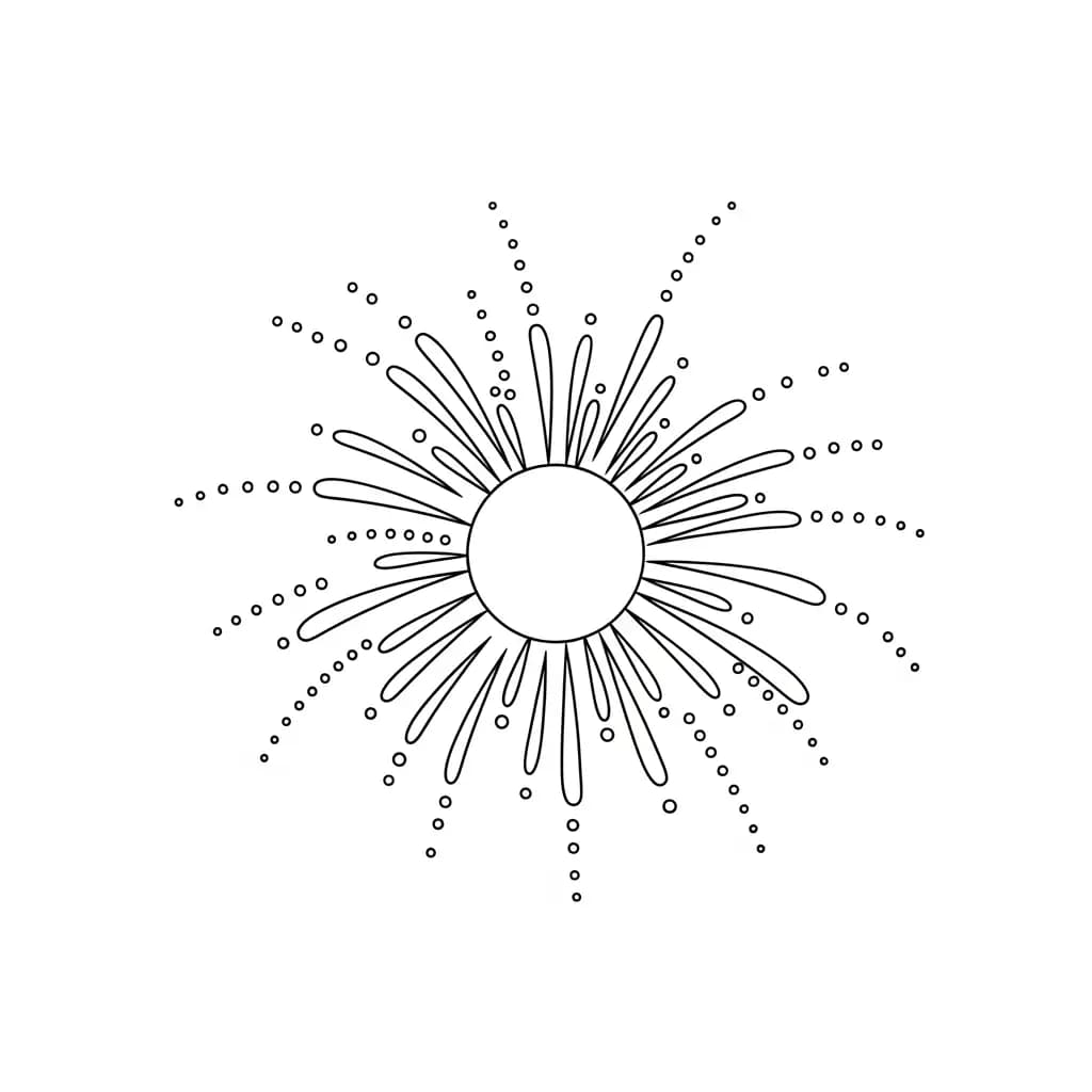 Vuurwerk Een creatieve kleurplaat van een vuurwerkexplosie met verschillende vormen en patronen.