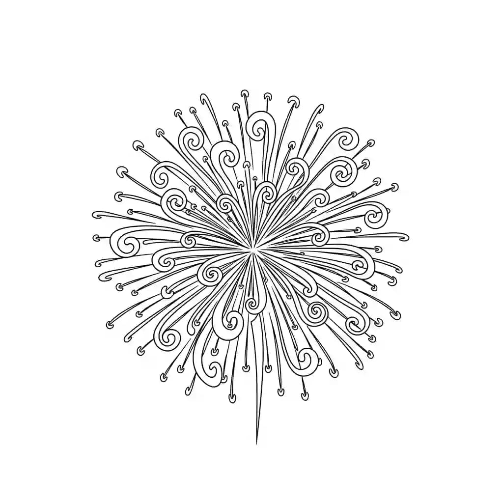 Vuurwerk Een vrolijke kleurplaat van vuurwerkexplosies met verschillende vormen en patronen.