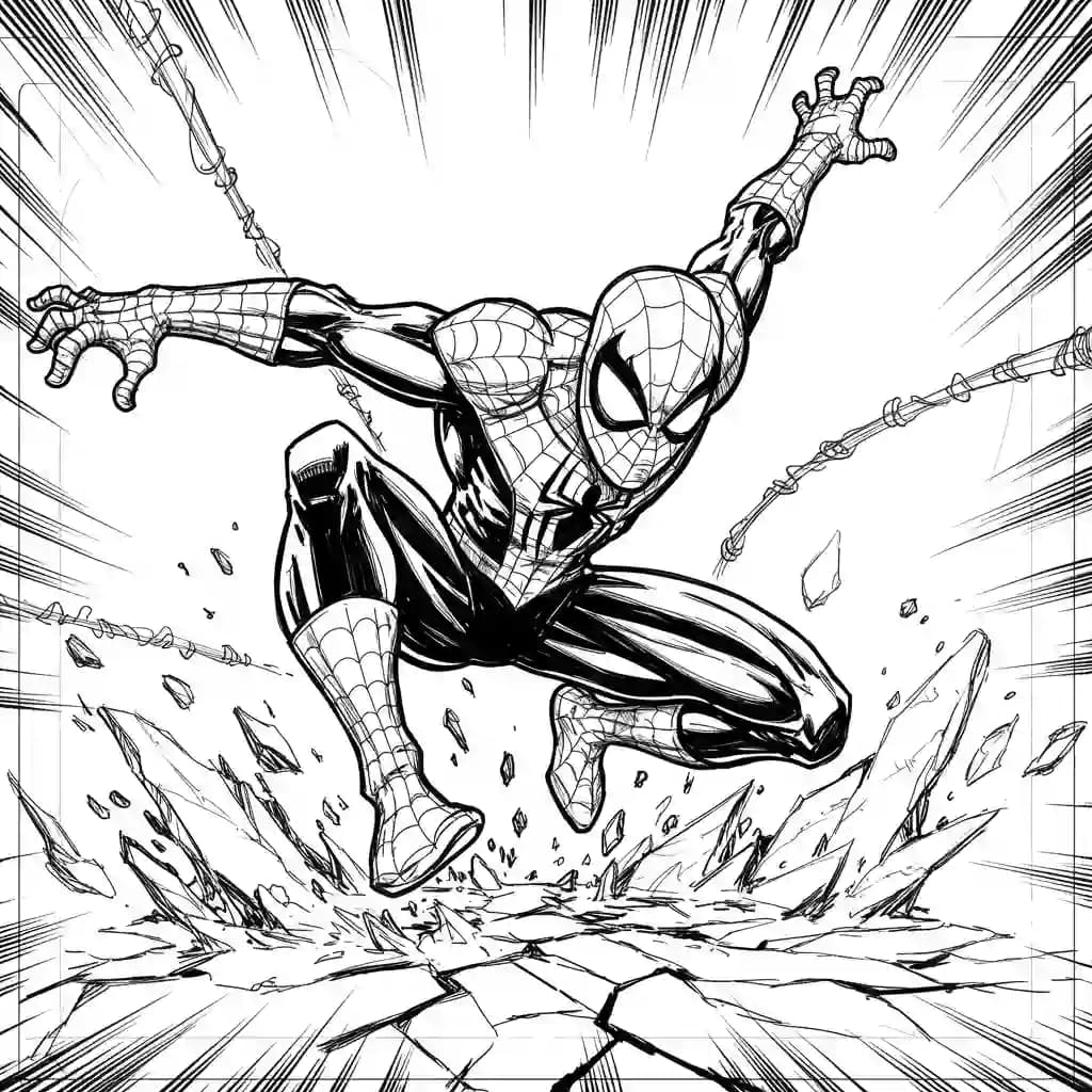 Spiderman Kleurplaat van Spiderman met een stoer superhelden thema om zelf in te kleuren.