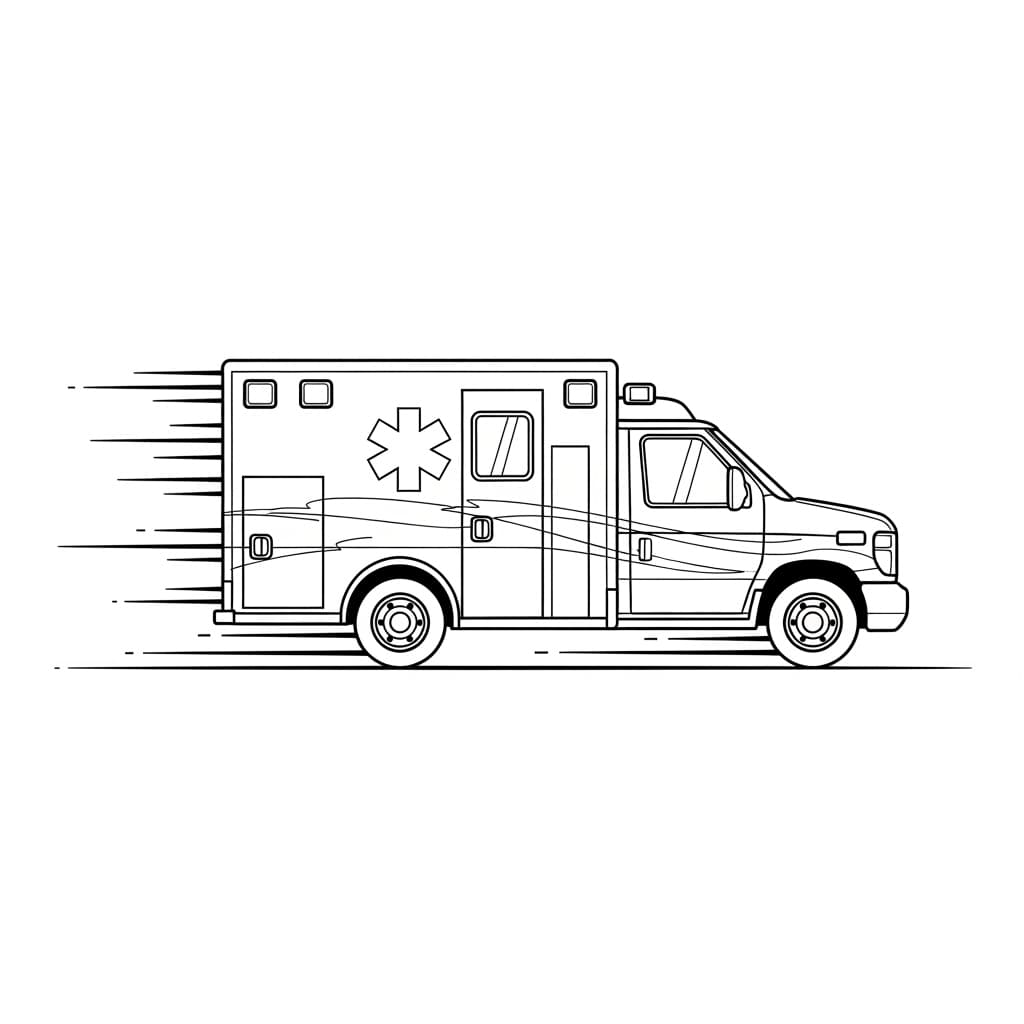 Ambulance Zwart-witte tekening van een ambulance om gratis te downloaden en in te kleuren.