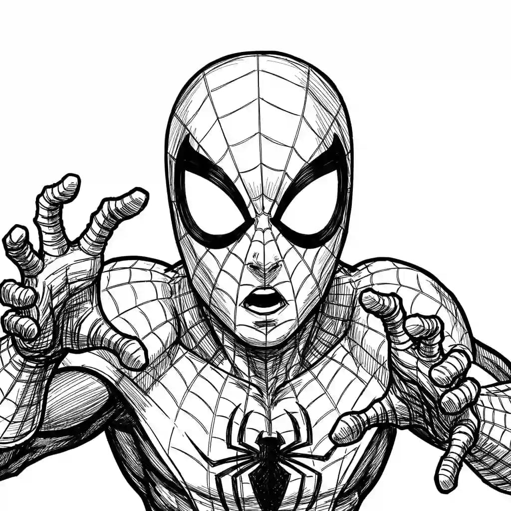 Spiderman Kleurplaat van Spiderman met een stoer superhelden thema om zelf in te kleuren.