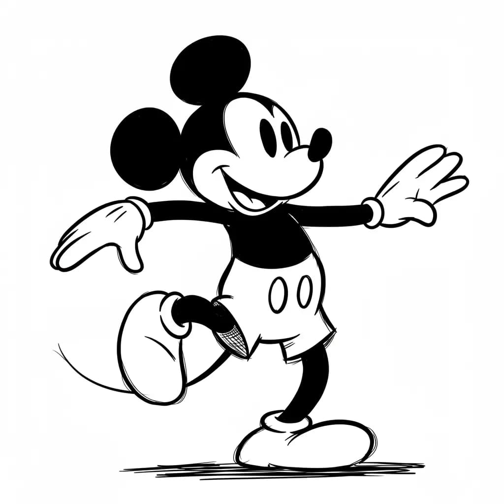 Mickey Mouse Kleurplaat van Mickey Mouse met een vrolijk en klassiek thema om in te kleuren.