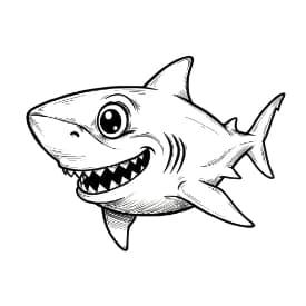 Haai Kleurplaat Kleurplaat van een zwemmende Haai in zwart-wit, klaar om in te kleuren.