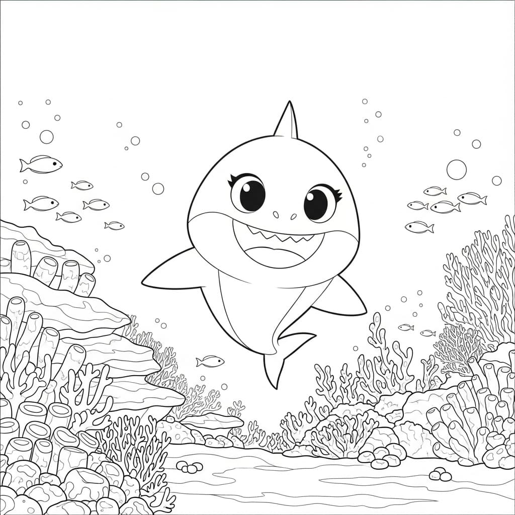 Baby Shark Leuke zwart-wit tekening van Baby Shark om zelf in te kleuren en creatief mee aan de slag te gaan.