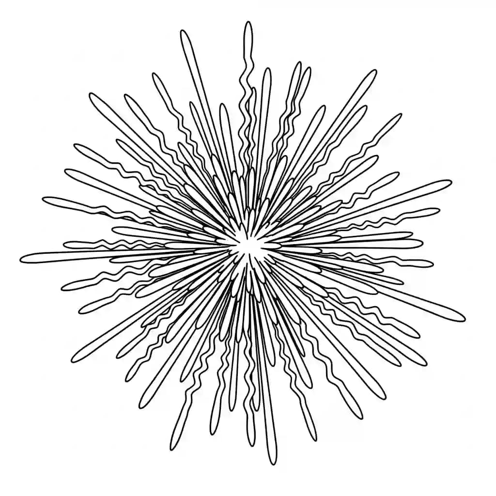 Vuurwerk Een vrolijke kleurplaat van vuurwerkexplosies met verschillende vormen en patronen.