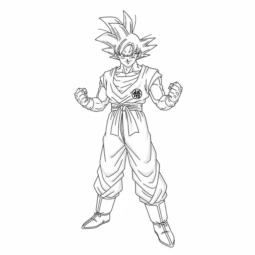 Goku kleurplaat schets kleurplaat van Goku in vechthouding met duidelijke lijnen om in te kleuren