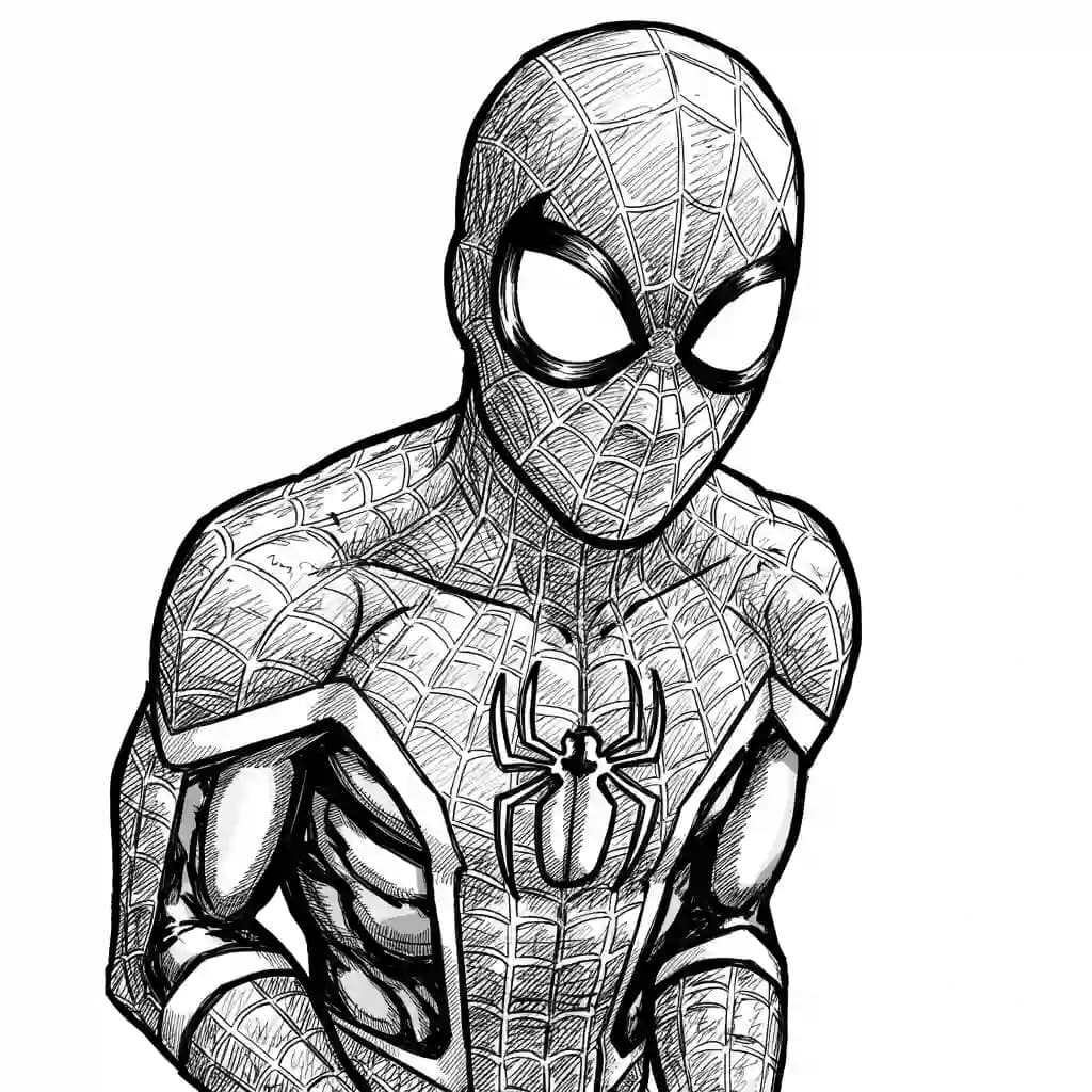 Spiderman Kleurplaat van Spiderman met een stoer superhelden thema om zelf in te kleuren.