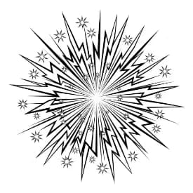 Vuurwerk Een vrolijke kleurplaat van vuurwerkexplosies met verschillende vormen en patronen.