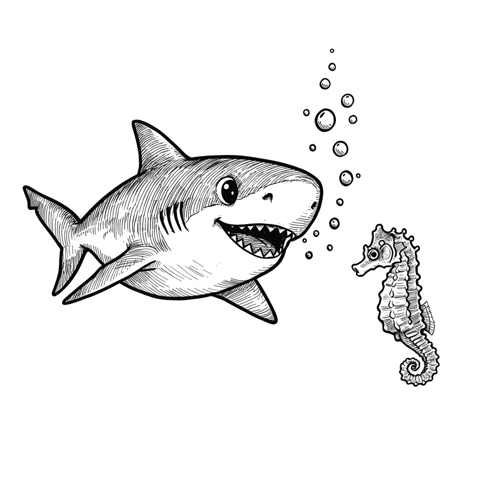 Haai Kleurplaat van een zwemmende Haai in zwart-wit, klaar om in te kleuren.