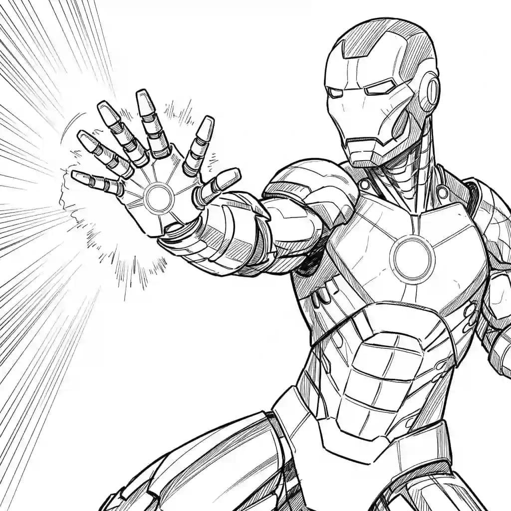 Iron Man Kleurplaat van Iron Man in een stoere superheldenpose om zelf in te kleuren.