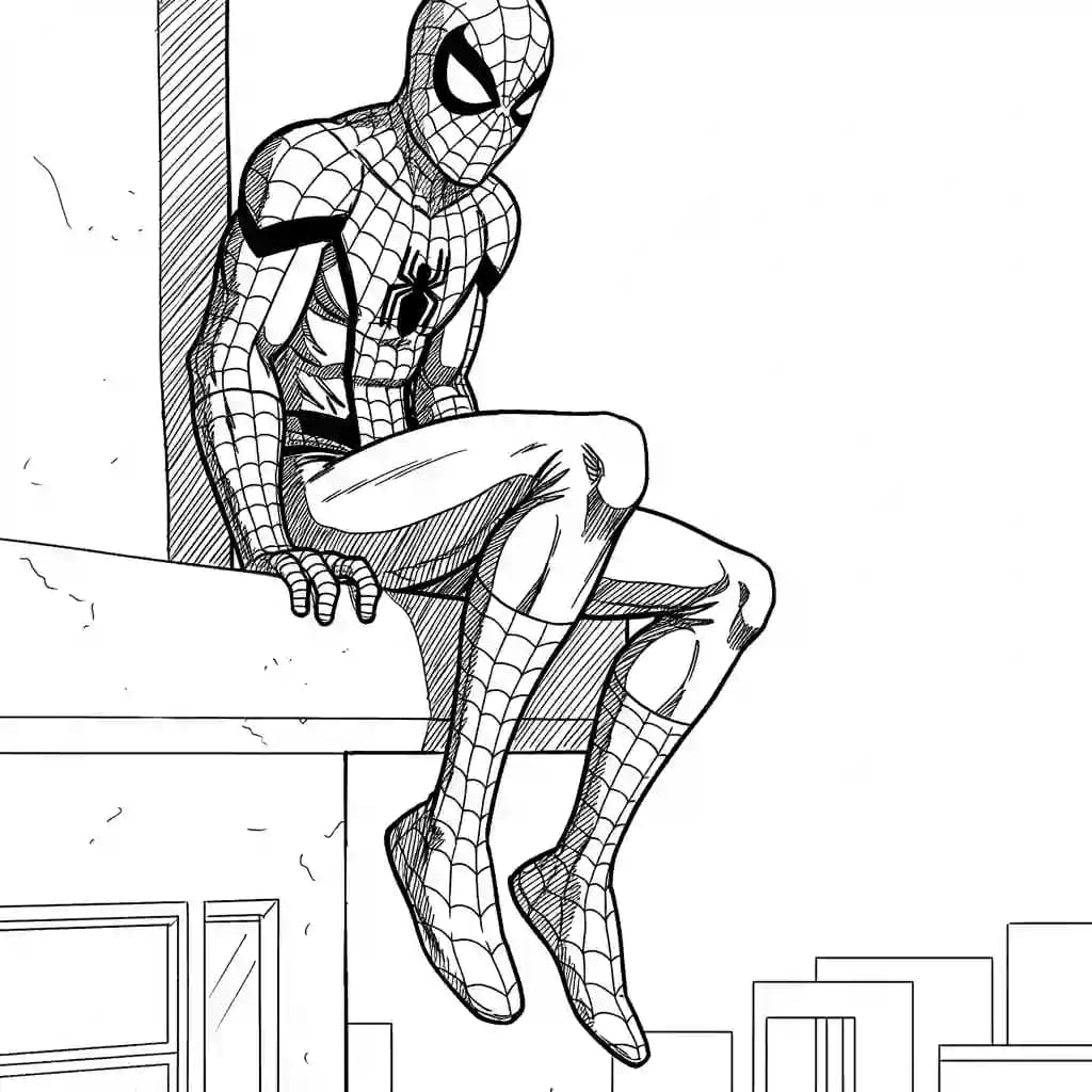 Spiderman Kleurplaat van Spiderman met een stoer superhelden thema om zelf in te kleuren.