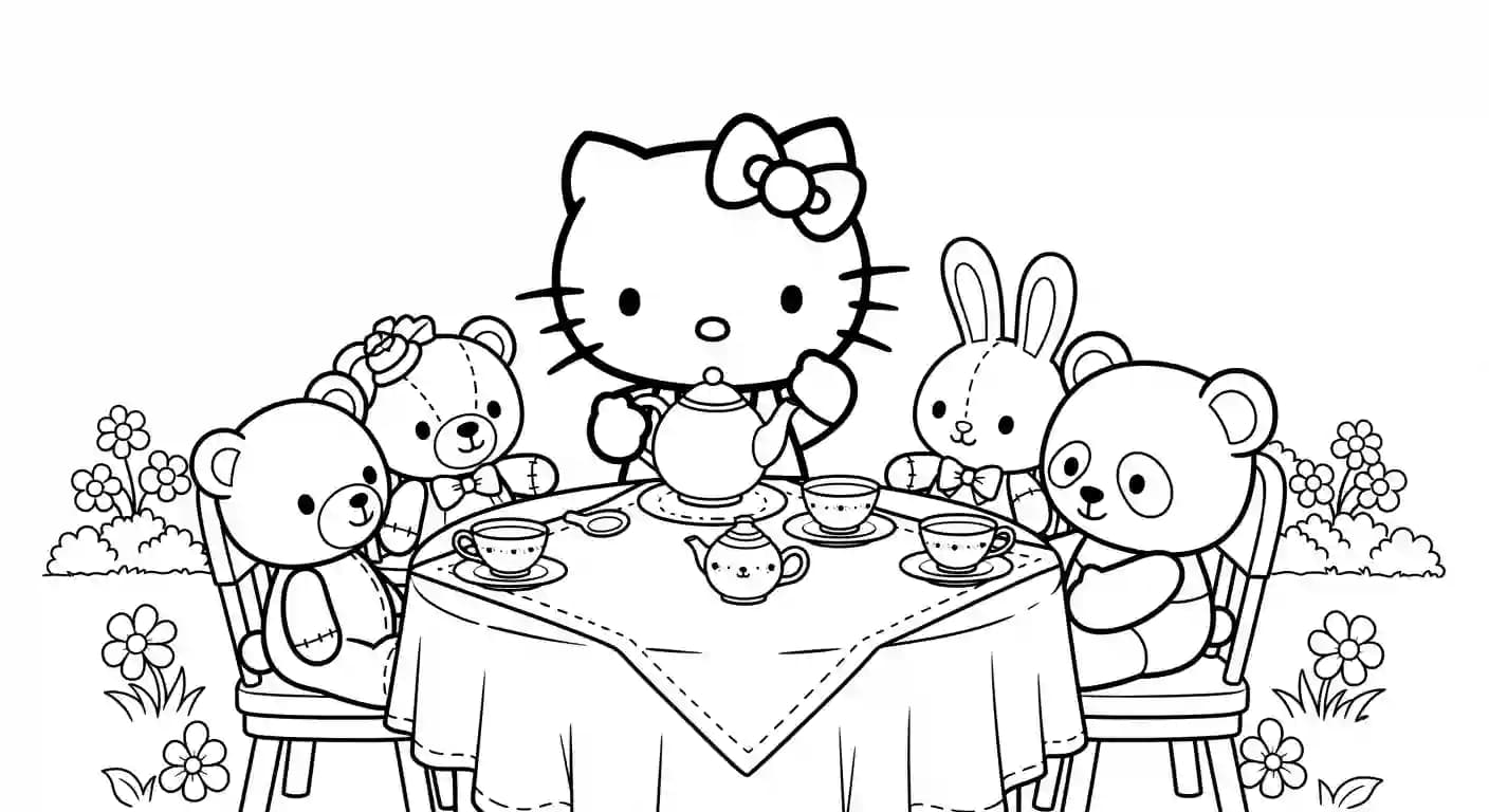hello kitty Kleurplaat van hello kitty in een vrolijk en creatief thema om zelf in te kleuren.