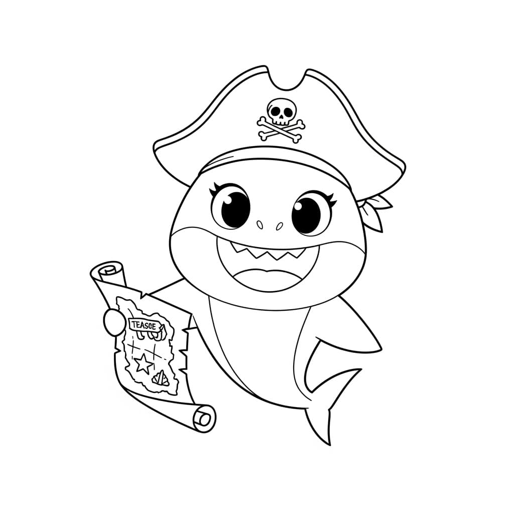 Baby Shark Vrolijke kleurplaat van Baby Shark die kinderen en volwassenen kunnen inkleuren.