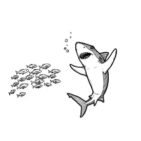 Haai Kleurplaat Kleurplaat van een zwemmende Haai in zwart-wit, klaar om in te kleuren.