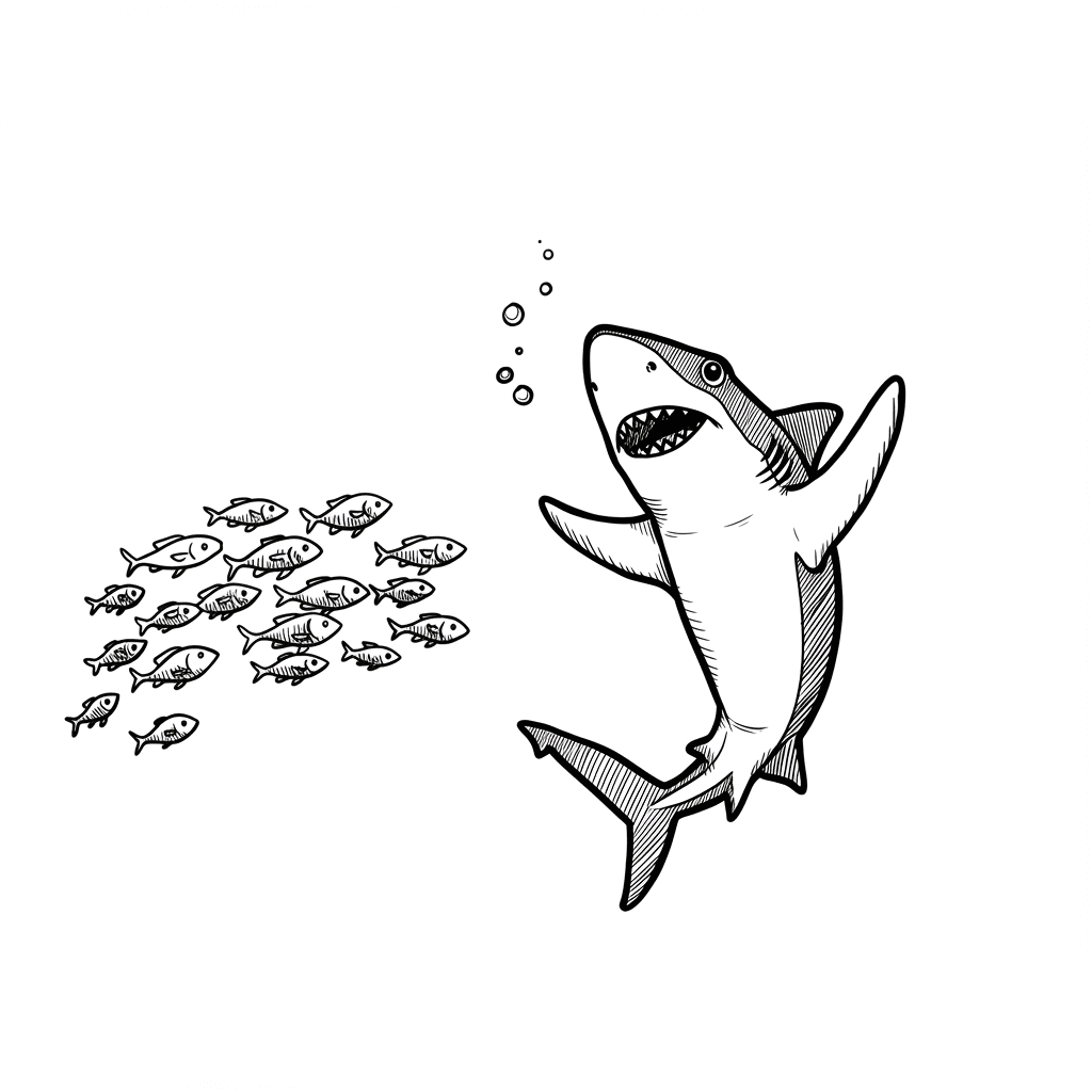 Haai Kleurplaat van een zwemmende Haai in zwart-wit, klaar om in te kleuren.