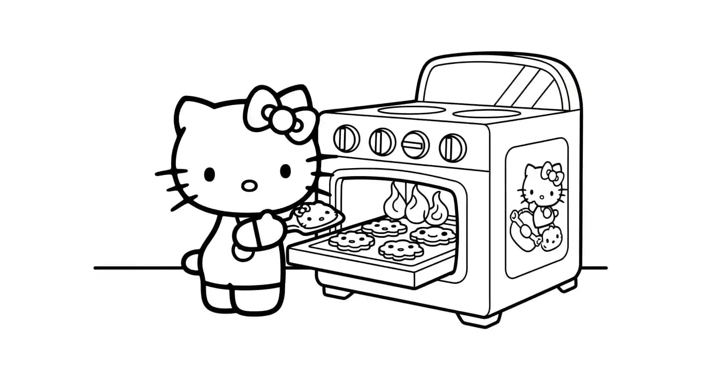 hello kitty Kleurplaat van hello kitty in een vrolijk en creatief thema om zelf in te kleuren.