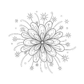 Vuurwerk Een vrolijke kleurplaat van vuurwerkexplosies met verschillende vormen en patronen.