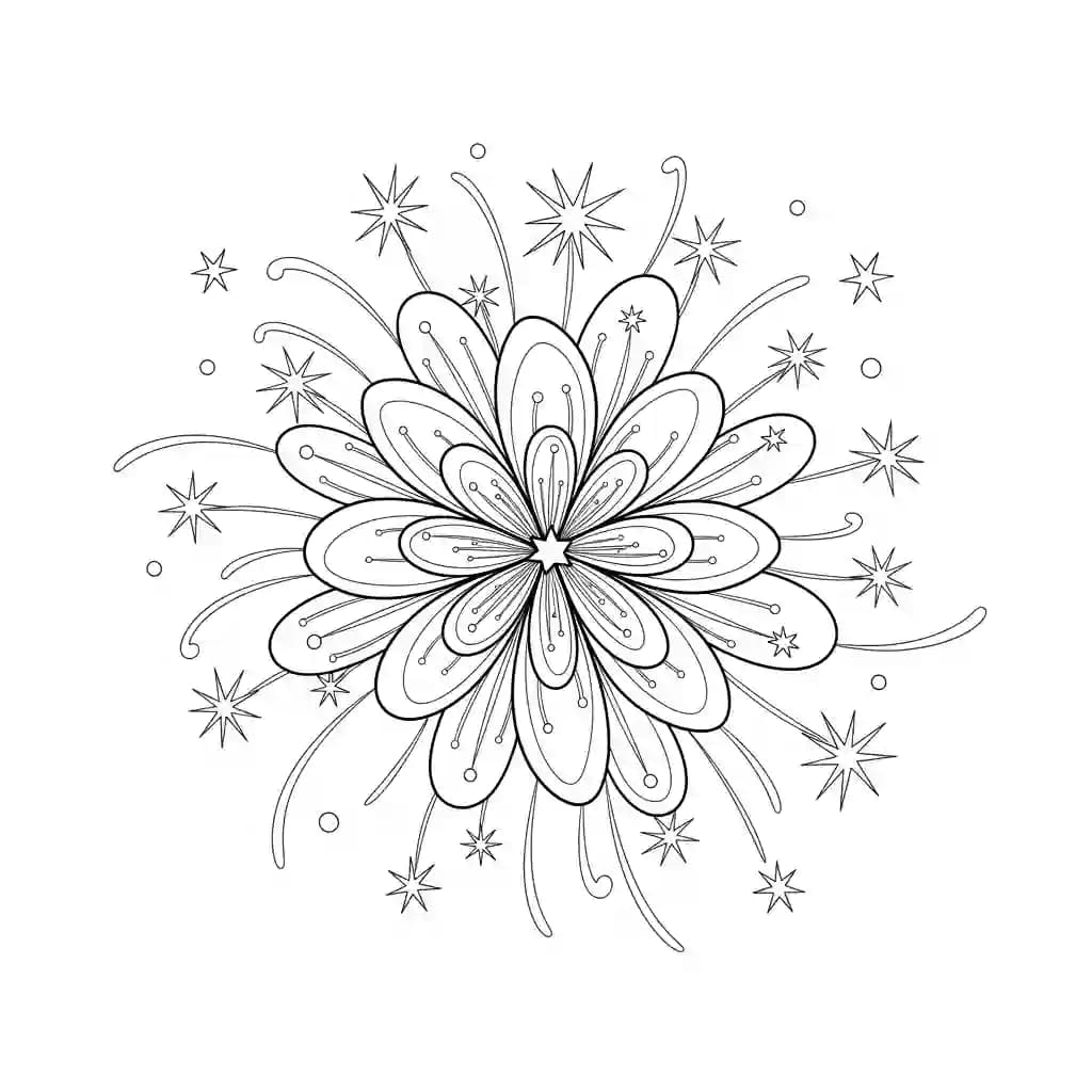 Vuurwerk Een vrolijke kleurplaat van vuurwerkexplosies met verschillende vormen en patronen.