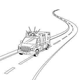 Ambulance Zwart-witte tekening van een ambulance om gratis te downloaden en in te kleuren.