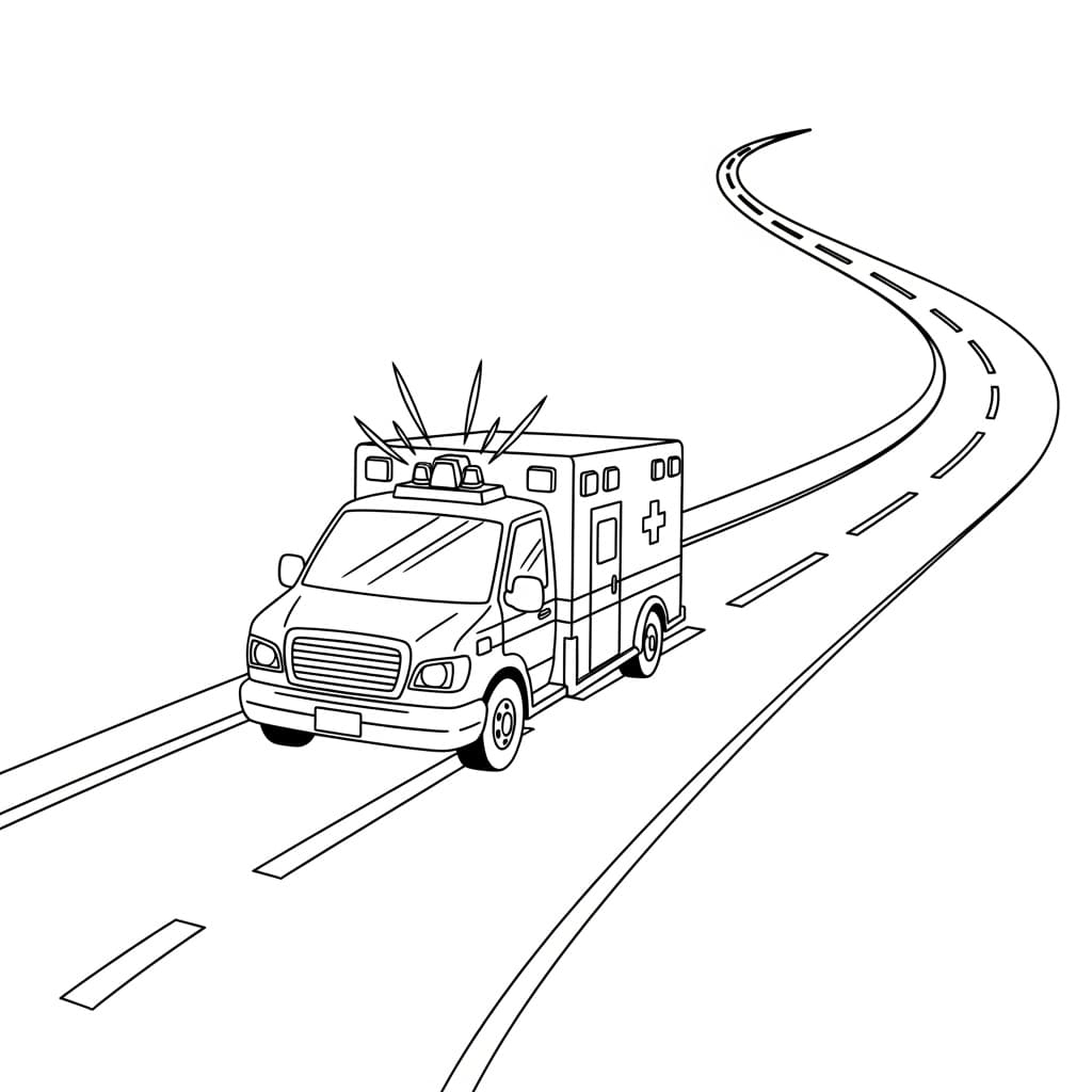 Ambulance Zwart-witte tekening van een ambulance om gratis te downloaden en in te kleuren.