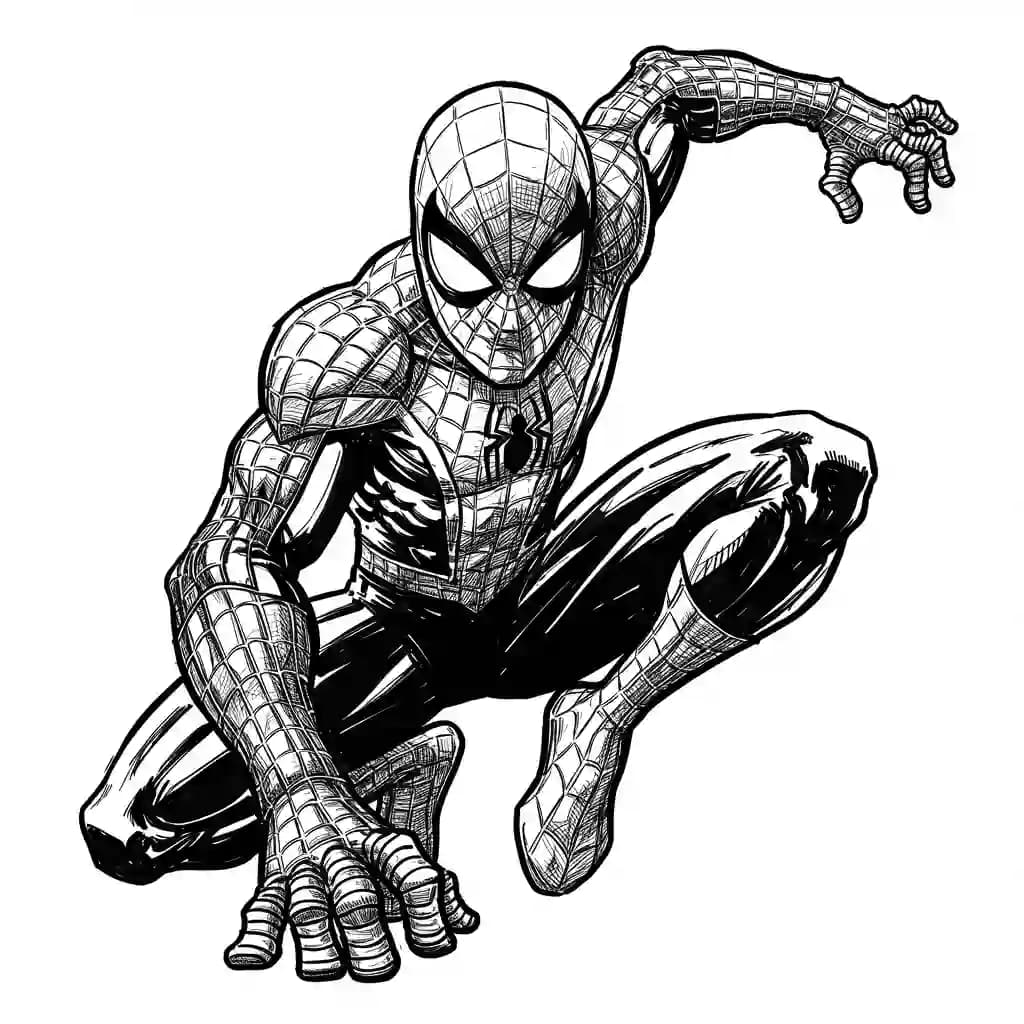 Spiderman Kleurplaat van Spiderman met een stoer superhelden thema om zelf in te kleuren.