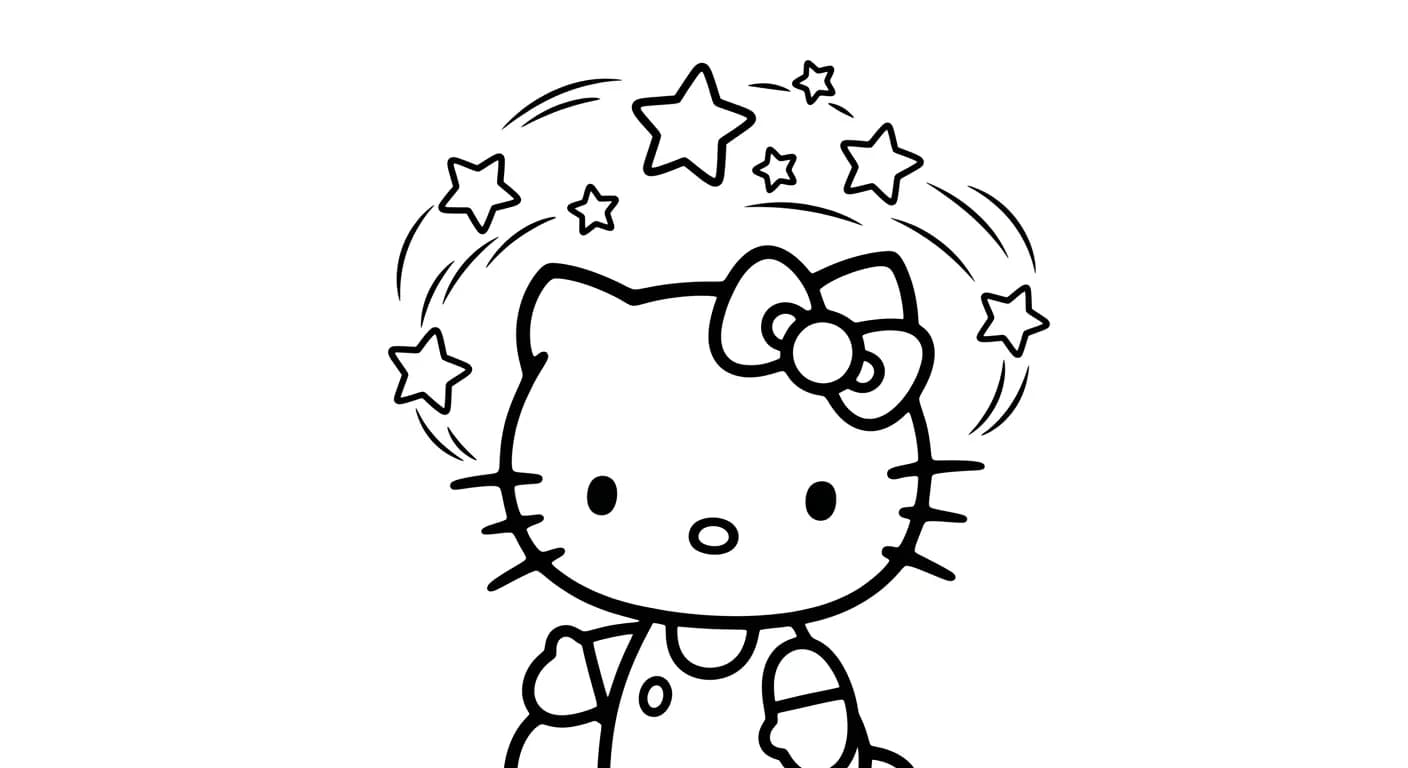 hello kitty Kleurplaat van hello kitty in een vrolijk en creatief thema om zelf in te kleuren.