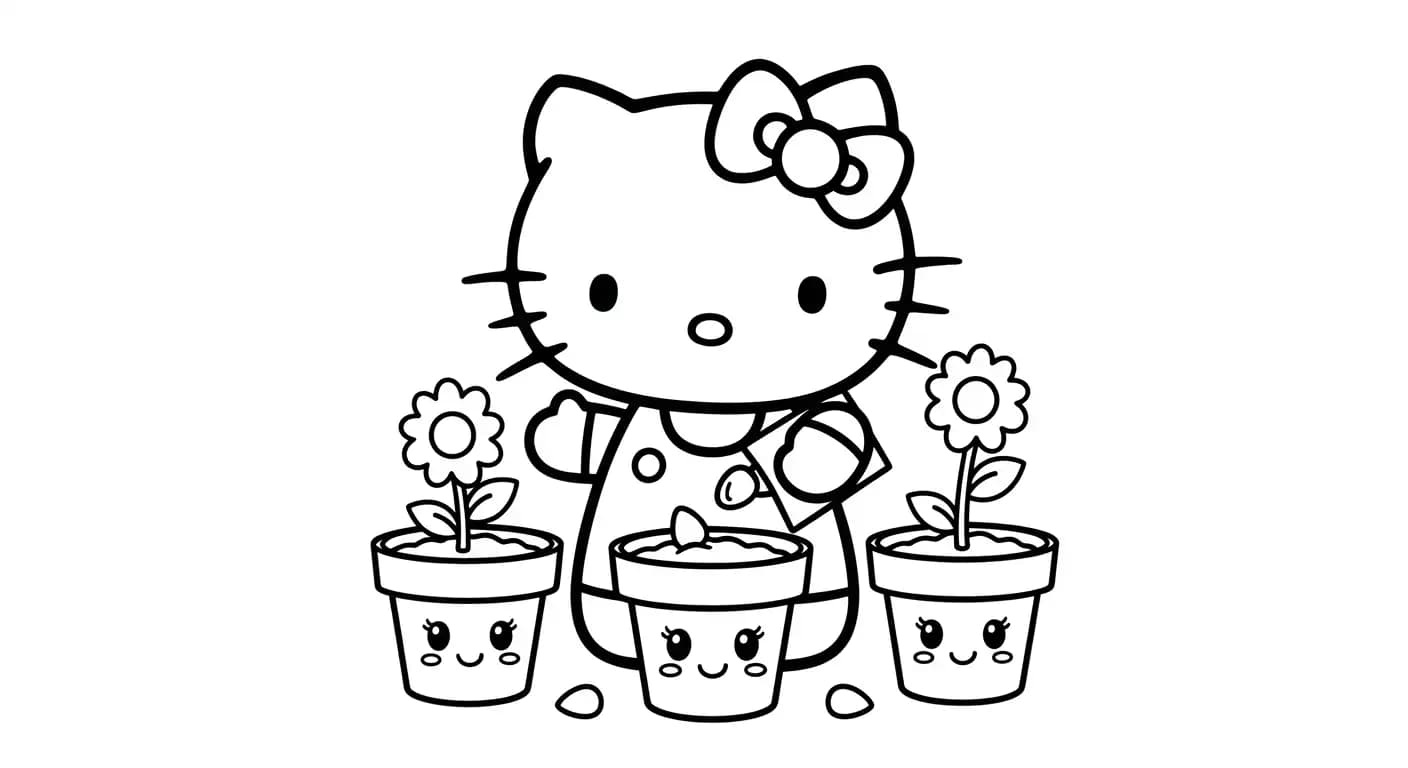 hello kitty Kleurplaat van hello kitty in een vrolijk en creatief thema om zelf in te kleuren.