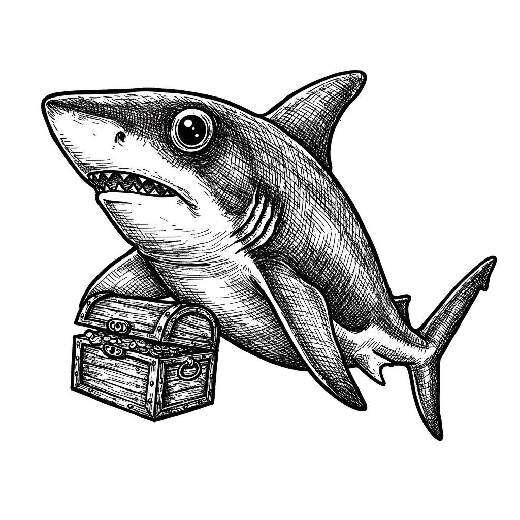 Haai Kleurplaat van een zwemmende Haai in zwart-wit, klaar om in te kleuren.