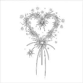 Vuurwerk Een vrolijke kleurplaat van vuurwerkexplosies met verschillende vormen en patronen.