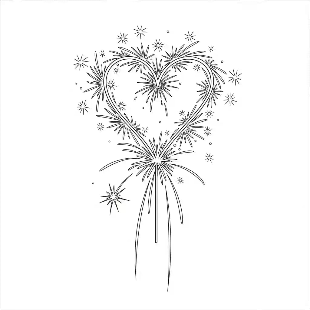 Vuurwerk Een vrolijke kleurplaat van vuurwerkexplosies met verschillende vormen en patronen.