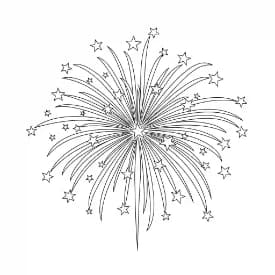 Vuurwerk Een vrolijke kleurplaat van vuurwerkexplosies met verschillende vormen en patronen.